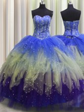 High Quality Visible Boning Tulle Sleeveless Floor Length Vestidos de Quinceanera and Beading and Ruffles and Sequins