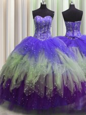 Lovely Visible Boning Multi-color Ball Gowns Sweetheart Sleeveless Tulle Floor Length Lace Up Beading and Ruffles and Sequins Quinceanera Dresses