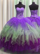 Visible Boning Multi-color Sweetheart Lace Up Beading and Ruffles and Sequins 15 Quinceanera Dress Sleeveless