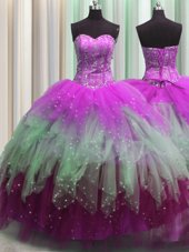 Inexpensive Visible Boning Multi-color Lace Up Sweetheart Beading and Ruffles and Sequins Sweet 16 Dresses Tulle Sleeveless