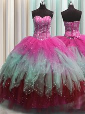 Sophisticated Visible Boning Floor Length Lace Up Ball Gown Prom Dress Multi-color and In for Military Ball and Sweet 16 and Quinceanera with Beading and Ruffles and Sequins