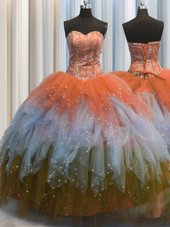 Popular Visible Boning Multi-color Ball Gowns Sweetheart Sleeveless Tulle Floor Length Lace Up Beading and Ruffles and Sequins Vestidos de Quinceanera