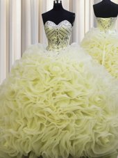 Great Rolling Flowers Brush Train Light Yellow Sweetheart Neckline Beading and Pick Ups Quinceanera Dresses Sleeveless Lace Up