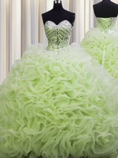 Pretty Brush Train Yellow Green Fabric With Rolling Flowers Lace Up Sweetheart Sleeveless Floor Length Sweet 16 Quinceanera Dress Beading and Pick Ups
