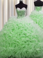 Beautiful Brush Train Sweetheart Sleeveless Sweet 16 Dresses Floor Length Beading and Pick Ups Fabric With Rolling Flowers