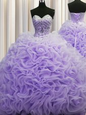Traditional Lavender Quinceanera Dress Fabric With Rolling Flowers Brush Train Sleeveless Beading and Pick Ups