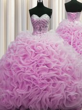 Luxurious Rolling Flowers Sleeveless Brush Train Lace Up Beading and Pick Ups Sweet 16 Quinceanera Dress