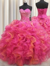 Hot Selling Sweetheart Sleeveless Quinceanera Gown Floor Length Beading and Ruffles Hot Pink Organza