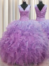 Nice V Neck Zipper Up Ball Gowns Ball Gown Prom Dress Lilac V-neck Organza Sleeveless Floor Length Zipper