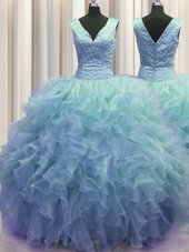 Elegant V Neck Zipper Up Baby Blue Ball Gowns V-neck Sleeveless Organza Floor Length Zipper Ruffles 15 Quinceanera Dress
