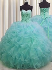 Fancy Light Blue Ball Gowns Beading and Ruffles Quinceanera Gown Lace Up Organza Sleeveless Floor Length