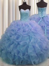Sophisticated Blue Lace Up Sweet 16 Dress Beading and Ruffles Sleeveless Floor Length