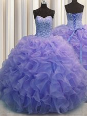 Edgy Blue Lace Up Sweet 16 Dress Beading and Ruffles Sleeveless Floor Length
