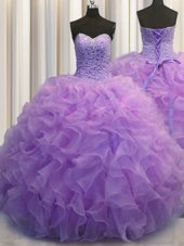 Designer Lavender Ball Gowns Sweetheart Sleeveless Organza Floor Length Lace Up Beading and Ruffles Sweet 16 Dress