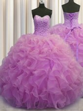 Fantastic Organza Sweetheart Sleeveless Lace Up Beading and Ruffles Quince Ball Gowns in Lilac
