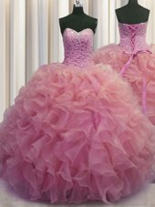 Cheap Beading and Ruffles Quinceanera Gown Watermelon Red Lace Up Sleeveless Floor Length