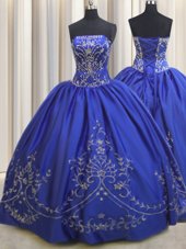 Dynamic Embroidery Floor Length Royal Blue Quinceanera Dresses Strapless Sleeveless Lace Up