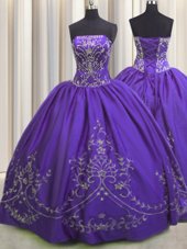 Artistic Strapless Sleeveless Quinceanera Gown Floor Length Beading and Embroidery Dark Purple Taffeta