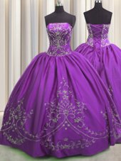 Taffeta Strapless Sleeveless Lace Up Embroidery Vestidos de Quinceanera in Eggplant Purple