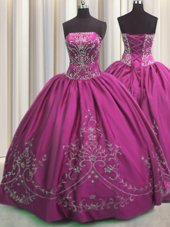 Fantastic Fuchsia Lace Up Strapless Beading and Embroidery Sweet 16 Quinceanera Dress Taffeta Sleeveless