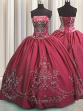 Exquisite Sleeveless Floor Length Beading and Embroidery Lace Up Quinceanera Dress with Coral Red