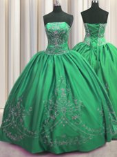 Ideal Embroidery Green Sleeveless Taffeta Lace Up Quince Ball Gowns for Military Ball and Sweet 16 and Quinceanera