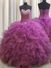 Glamorous Beaded Bust Fuchsia Organza Lace Up Sweetheart Sleeveless Floor Length Sweet 16 Dress Beading and Ruffles