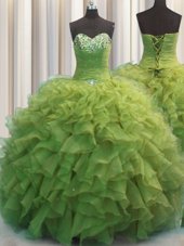Lovely Beaded Bust Olive Green Sweetheart Neckline Beading and Ruffles Sweet 16 Quinceanera Dress Sleeveless Lace Up