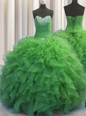 Customized Beaded Bust Green Sleeveless Organza Lace Up Quinceanera Dresses for Military Ball and Sweet 16 and Quinceanera