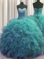 Sweet Beaded Bust Turquoise Sleeveless Beading and Ruffles Floor Length Quinceanera Dresses