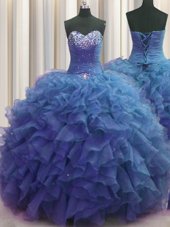 Fitting Beaded Bust Sleeveless Floor Length Beading and Ruffles Lace Up Ball Gown Prom Dress with Blue