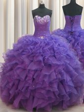 Glamorous Beaded Bust Purple Sleeveless Floor Length Beading and Ruffles Lace Up 15 Quinceanera Dress