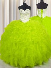 Luxurious Floor Length Yellow Green Quinceanera Gowns Sweetheart Sleeveless Lace Up