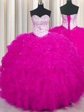 Charming Fuchsia 15 Quinceanera Dress Military Ball and Sweet 16 and Quinceanera and For with Beading and Ruffles Sweetheart Sleeveless Lace Up