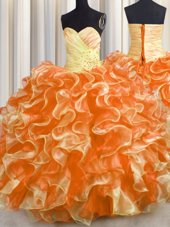 Fitting Orange Quince Ball Gowns Military Ball and Sweet 16 and Quinceanera and For with Beading and Ruffles Sweetheart Sleeveless Lace Up