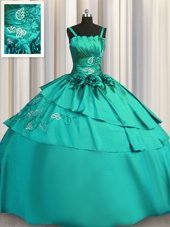 Cheap Satin Spaghetti Straps Sleeveless Lace Up Beading and Embroidery Sweet 16 Dresses in Turquoise