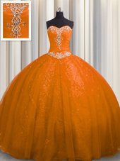 Delicate Court Train Rust Red Ball Gowns Beading and Appliques 15th Birthday Dress Lace Up Tulle and Sequined Sleeveless With Train