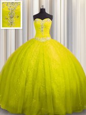 Free and Easy Sequined Beading and Appliques Sweet 16 Dress Yellow Green Lace Up Sleeveless Court Train