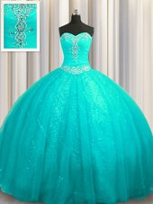 Clearance Sequined Ball Gowns Sleeveless Aqua Blue Sweet 16 Dress Court Train Lace Up