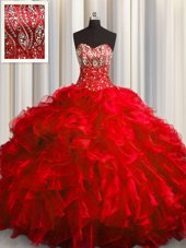 Artistic Red Quinceanera Dress Military Ball and Sweet 16 and Quinceanera and For with Beading and Ruffles Sweetheart Sleeveless Brush Train Lace Up