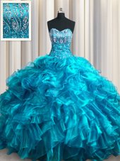 Dazzling Teal Ball Gowns Organza Sweetheart Sleeveless Beading and Ruffles With Train Lace Up Quinceanera Dress Brush Train