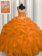 Low Price See Through Zipper Up Straps Sleeveless Sweet 16 Dress Floor Length Appliques and Ruffles Orange Organza