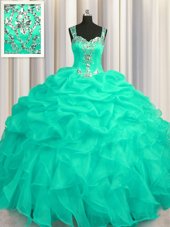 Stylish See Through Zipper Up Straps Sleeveless Zipper Quinceanera Gowns Turquoise Organza