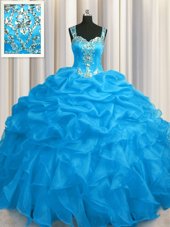 Cheap See Through Zipper Up Blue Ball Gowns Organza Straps Sleeveless Appliques and Ruffles Floor Length Zipper Sweet 16 Dresses