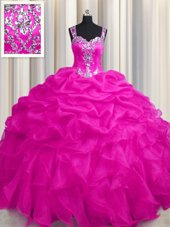 Customized See Through Zipper Up Hot Pink Organza Zipper Straps Sleeveless Floor Length Sweet 16 Dresses Appliques and Ruffles and Ruffled Layers