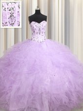 Dazzling Visible Boning Lavender Tulle Lace Up 15 Quinceanera Dress Sleeveless Floor Length Beading and Appliques and Ruffles