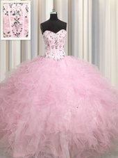 Visible Boning Floor Length Baby Pink Quinceanera Gowns Tulle Sleeveless Beading and Appliques and Ruffles