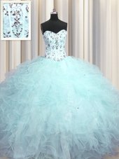 Gorgeous Visible Boning Sweetheart Sleeveless Quinceanera Dresses Floor Length Beading and Appliques and Ruffles Light Blue Tulle