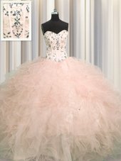 Charming Visible Boning Floor Length Pink 15 Quinceanera Dress Tulle Sleeveless Beading and Appliques and Ruffles