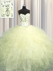 Custom Designed Visible Boning Sleeveless Beading and Appliques and Ruffles Lace Up Quinceanera Dresses
